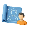 En 3D-illustration af en blå blueprint-rulle med tekniske mål af en person, ved siden af en 3D-figur af en mand i orange trøje