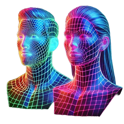Digital 3D busts with colorful wireframe facial mesh showing AI-based face modeling and 3D design