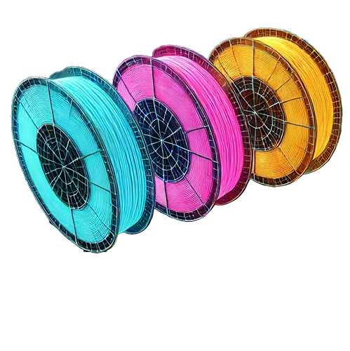 Colorful 3D printing filament spools in cyan, pink, and yellow for FDM 3D printing